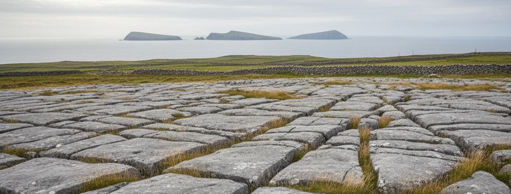 Wide grey limestone pavement cracked in long lines, running west to a flat Atlantic horizon