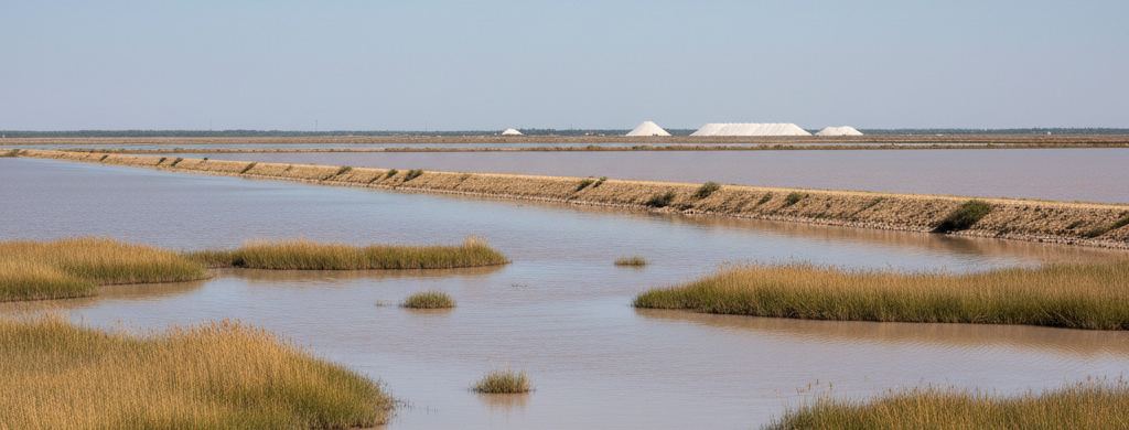 Wide shallow salt lagoon under a low horizon, reed beds and white salt hills beyond