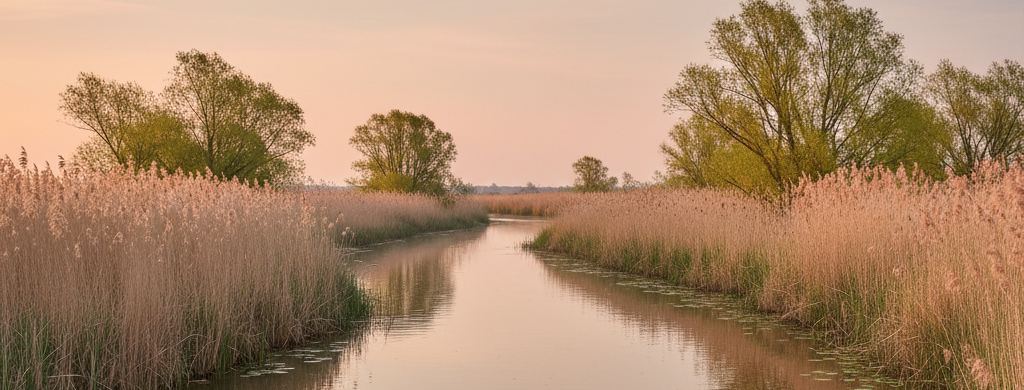 A wide channel of brown water between tall reed beds under a big flat sky