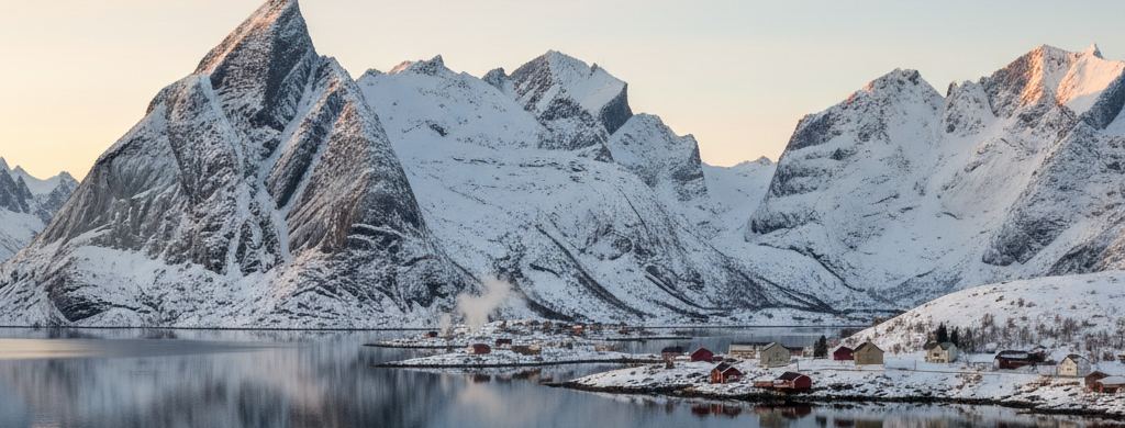 Snow covered granite peaks rising straight from a dark fjord under low winter light
