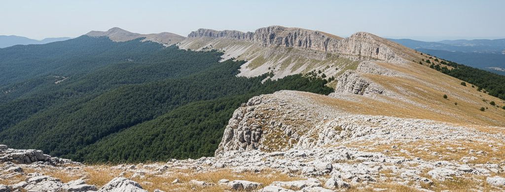 Wide view of a bare limestone plateau under open sky with beech forest on lower slopes