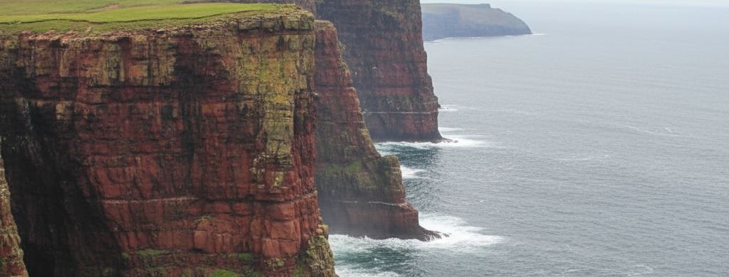 Wide view of red sandstone sea cliffs and cropped green turf above open grey water