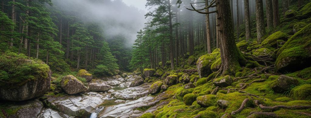 Wide view of cloud filled cedar forest on a steep granite island above a clear stream